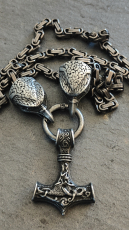 Edelstahlkette mit Rabenköpfen und Thorshammer in grau, size 60cm